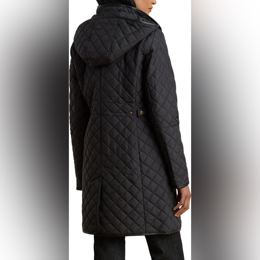 Ralph Lauren Black Diamond Quilted long Hooded Coat Horsebit Chain Lining - Picture 3 of 11